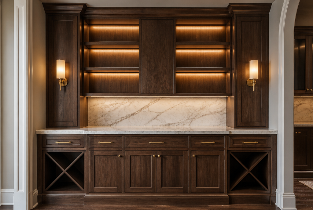 Custom built-in home bar with walnut cabinetry, marble counter, wine cubbies and integrated lighting