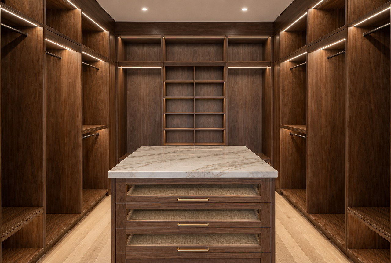 Custom walk-in closet with walnut cabinetry, glass-front display cabinets, a marble island and brushed brass hardware