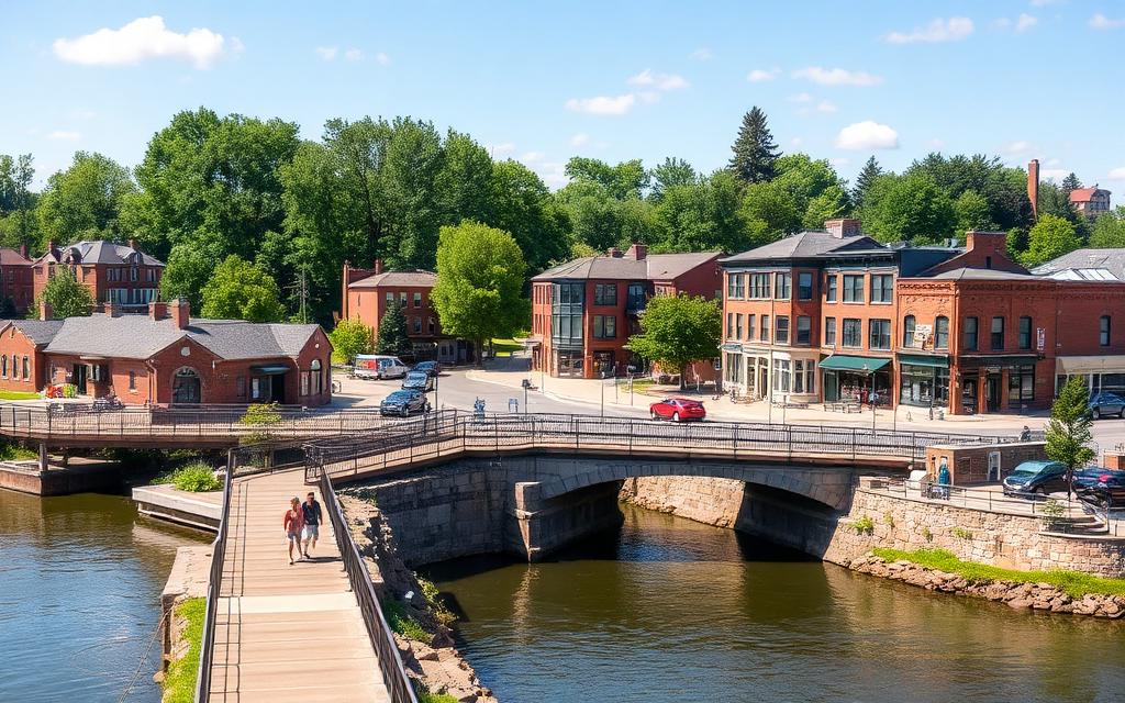 Fox River bridge and riverfront buildings in downtown Algonquin, Illinois
