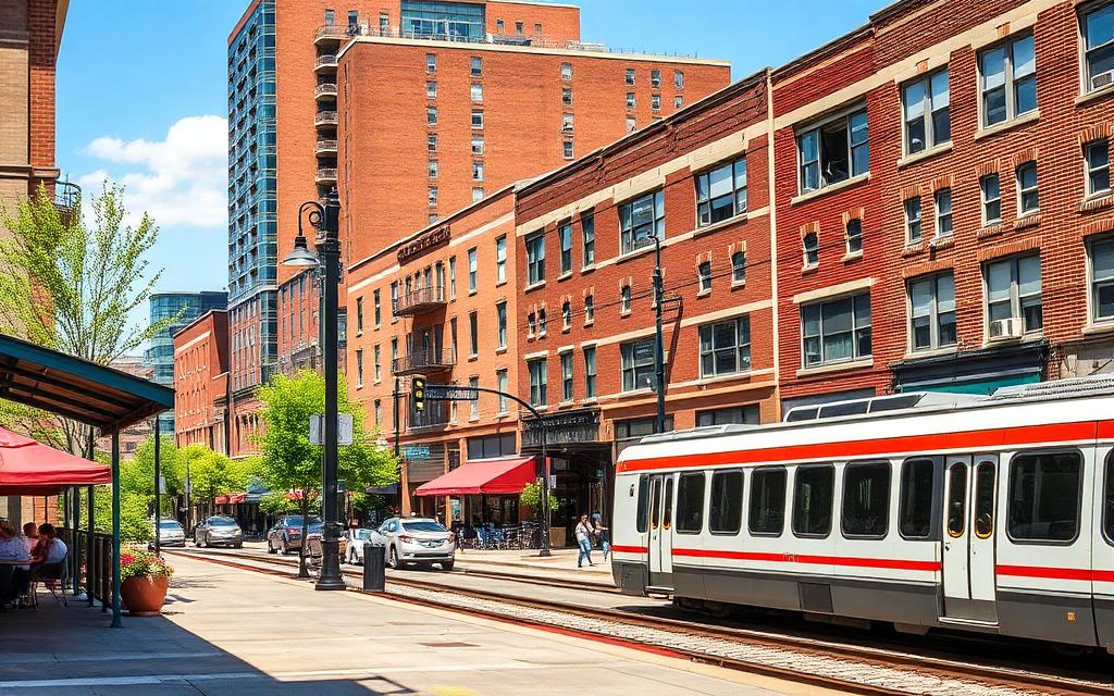Downtown Arlington Heights, Illinois with sidewalk cafes and the commuter rail