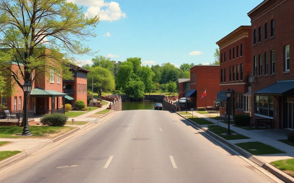 Town street leading to the Fox River in Carpentersville, Illinois