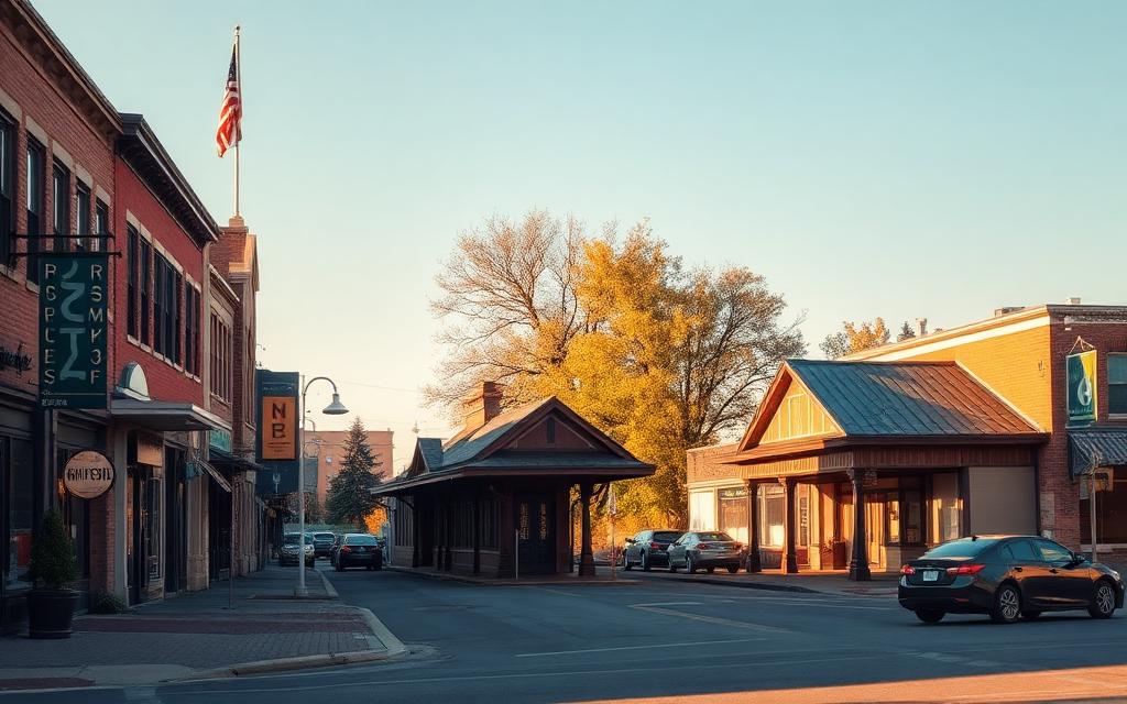 Main street and railroad depot in downtown Cary, Illinois