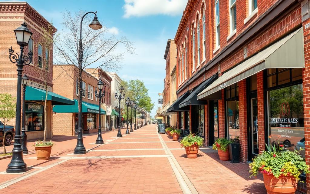 Historic brick storefronts on the main street of downtown Crystal Lake, Illinois