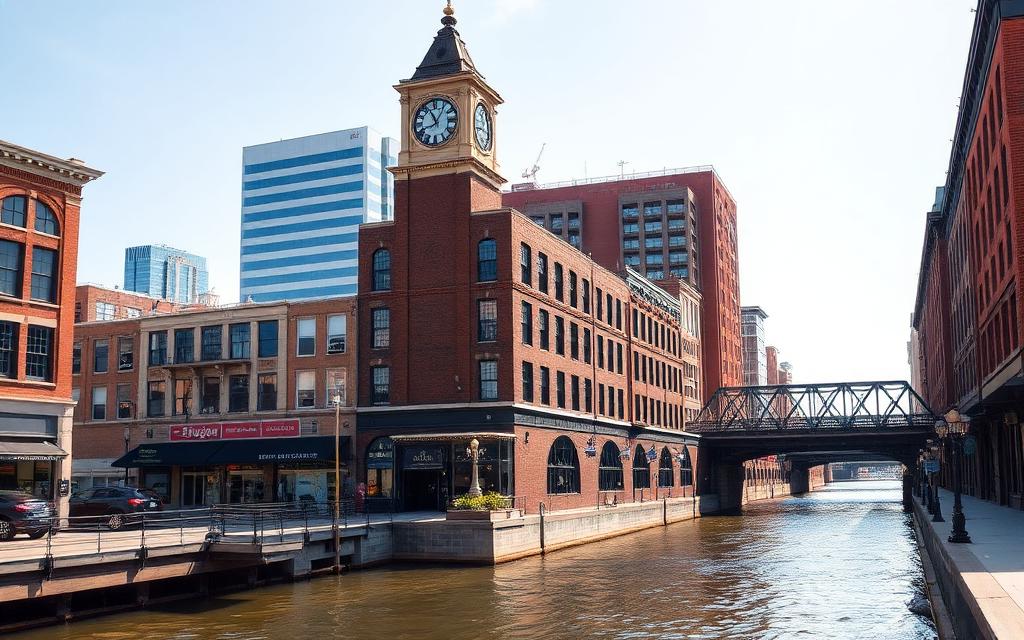 Clock tower and riverside brick buildings in downtown Elgin, Illinois
