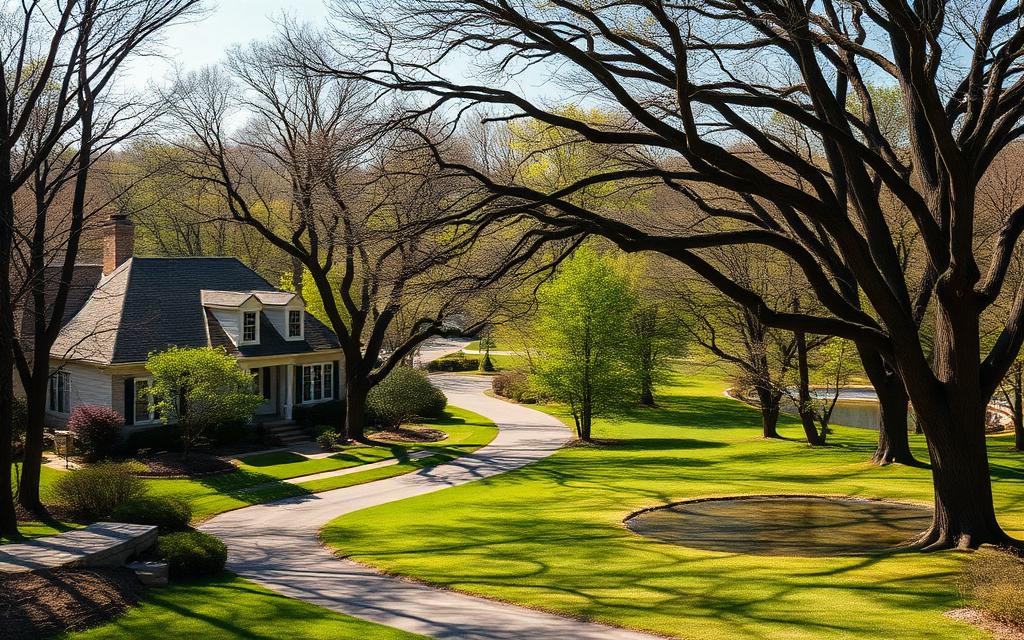 Wooded estate street in Inverness, Illinois