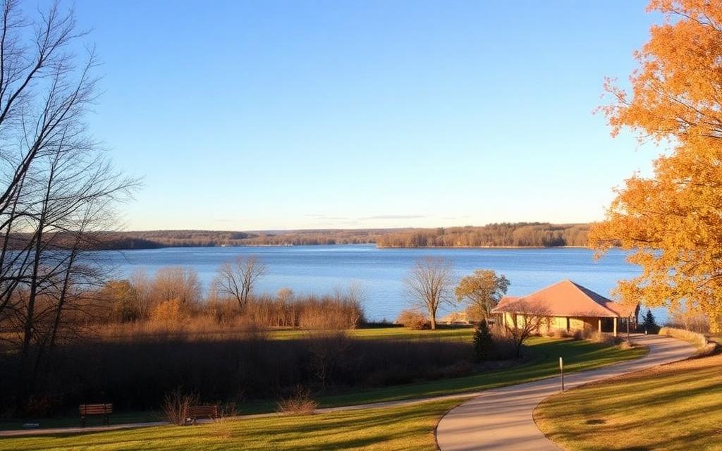 Lakefront park and walking path in Lake in the Hills, Illinois