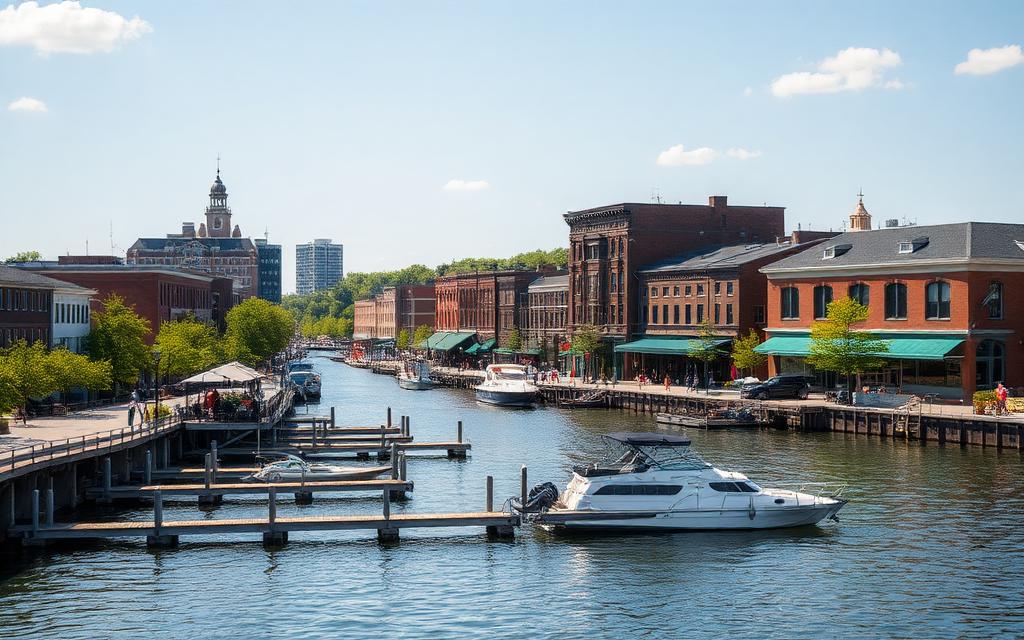 Riverfront downtown and boat docks in McHenry, Illinois