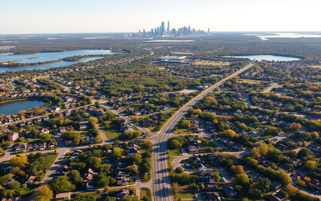 Aerial view of northwest Chicagoland suburbs with the Chicago skyline beyond