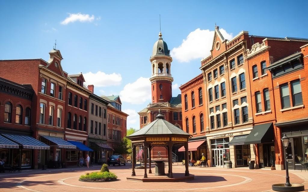 Victorian buildings around the historic square in Woodstock, Illinois